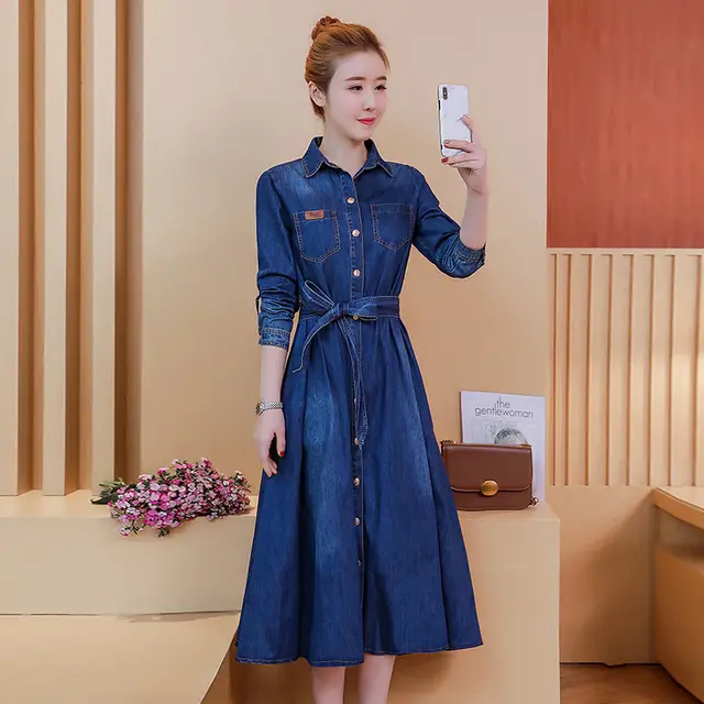 Korean Style Mid length Long sleeved Shirt Denim Dress Dark Blue - Shop at LoveMi