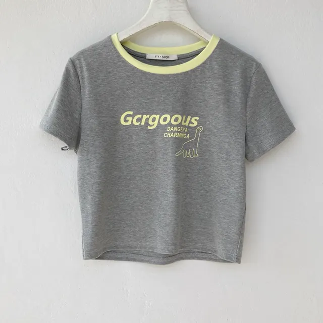 Cotton Dinosaur Cute Print Color Matching Short sleeved T shirt Top Slim Short Grey - Shop at LoveMi