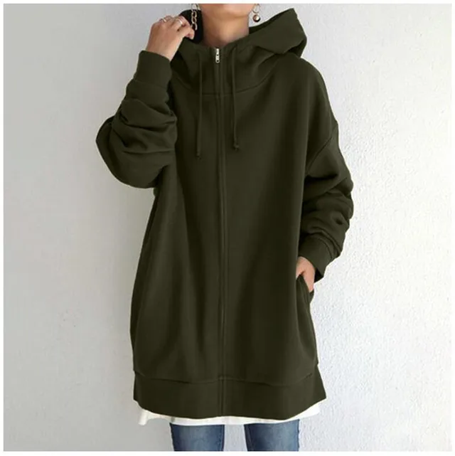 Oversized S 5XL Women Loose Hooded Coats Autumn Female Tie Collar Long Sleeve Zipper Up Add Velvet Long Sweatshirt Army Green - Shop at LoveMi