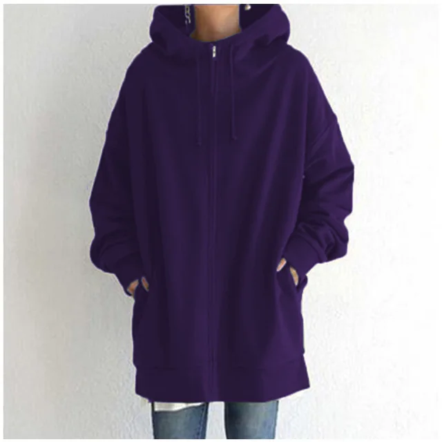 Oversized S 5XL Women Loose Hooded Coats Autumn Female Tie Collar Long Sleeve Zipper Up Add Velvet Long Sweatshirt Purple - Shop at LoveMi