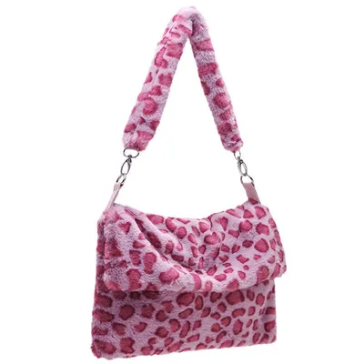 Cute Color Plush Diagonal Shoulder Bag Female Leopard Print Color Bag Pink - Shop at LoveMi