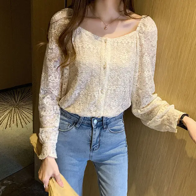 Western style Cardigan Design Sense Lace Hollow Loose Loose All match Long sleeved Top Apricot - Shop at LoveMi