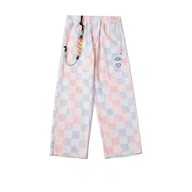 Tie dye Plaid Straight leg Pants Men's Trendy Brand Street Loose Wide leg Casual Daddy Pants Pink - Shop at LoveMi