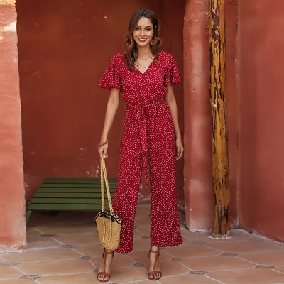 High waist Lace up Polka dot Print Fashion Trousers Red - Shop at LoveMi