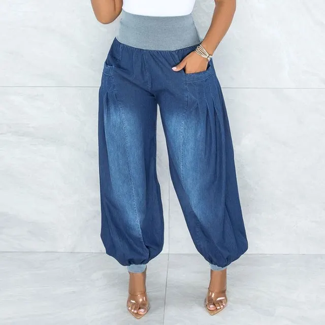 Summer Thin Loose Wide leg Pants Harem Pants Elastic Waist Denim Trousers Women Dark Blue - Shop at LoveMi