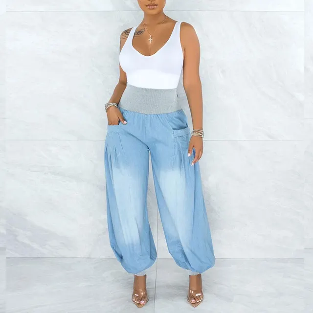 Summer Thin Loose Wide leg Pants Harem Pants Elastic Waist Denim Trousers Women Light Blue - Shop at LoveMi