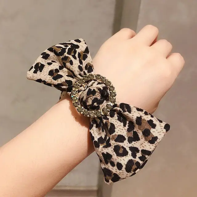 Rhinestone Bowknot Hair Tie Fabric Head Strap Trinket Little Leopard - Shop at LoveMi