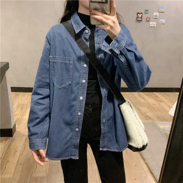 Workwear Denim Jacket Women's Large Size Loose Long sleeved Casual Top Blue8335 - Shop at LoveMi