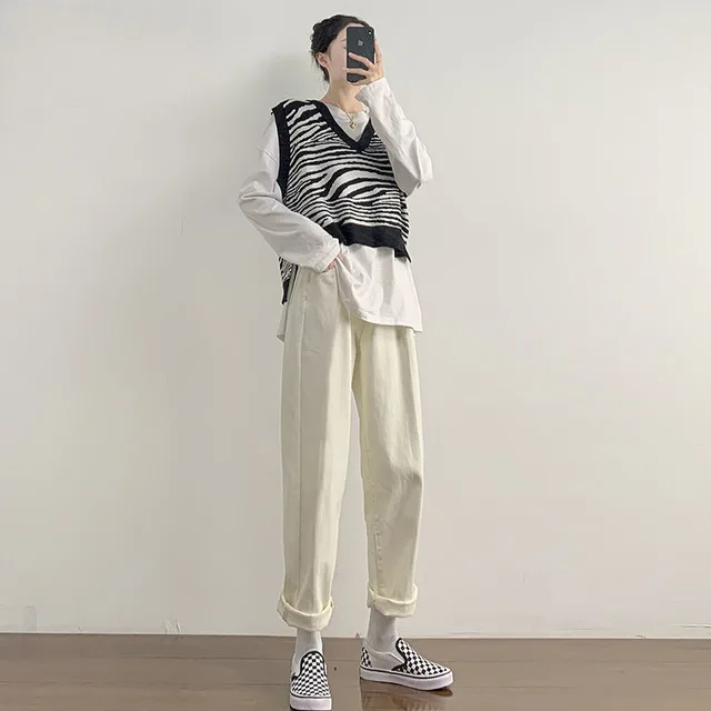 Women's High waisted Jeans Straight Loose Wide legs Were Thin Beige - Shop at LoveMi