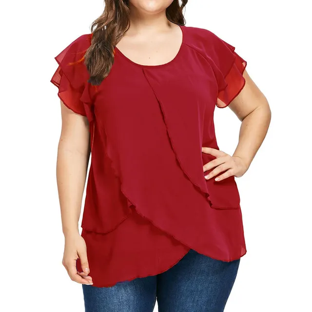 Women's Solid Color Chiffon Round Neck Multi layer Stitching Short sleeved Split Top Red - Shop at LoveMi