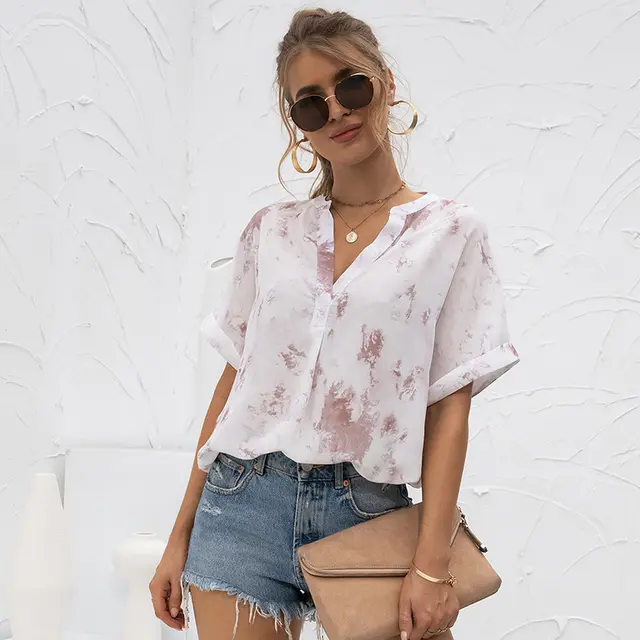 Ladies V neck Tie dye Printing Casual T shirt Chiffon Shirt White - Shop at LoveMi