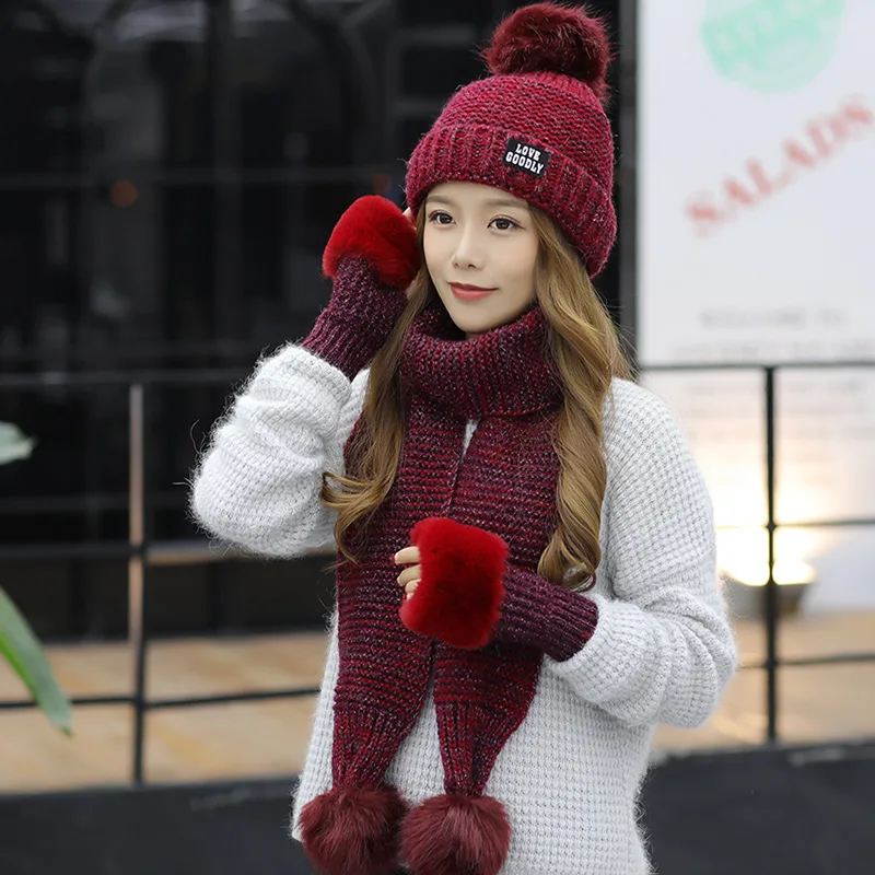 Wool Hat Scarf Gloves Three piece Female Winter Korean Version Wine Red - Shop at LoveMi