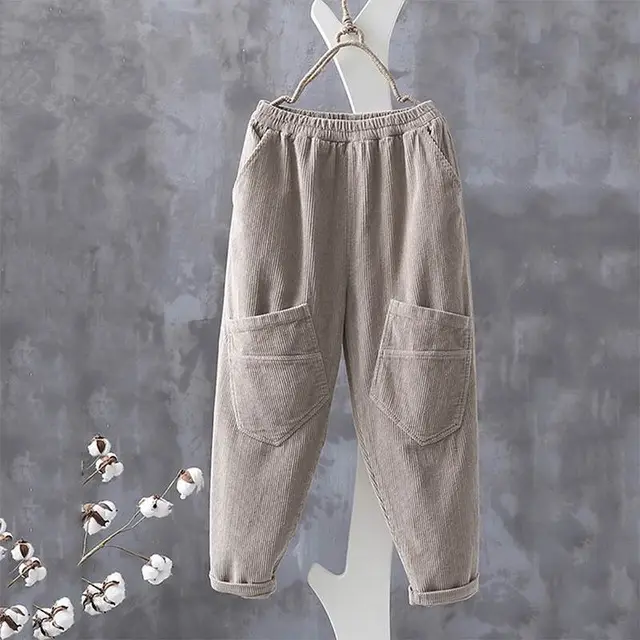 Vintage Elastic Waist Corduroy Pants Plus Size Women Beige - Shop at LoveMi