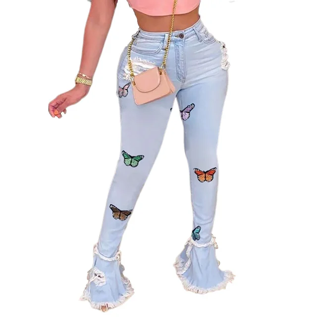 Fashion Butterfly Embroidered Ruffled Hole Denim Trousers Light Blue - Shop at LoveMi