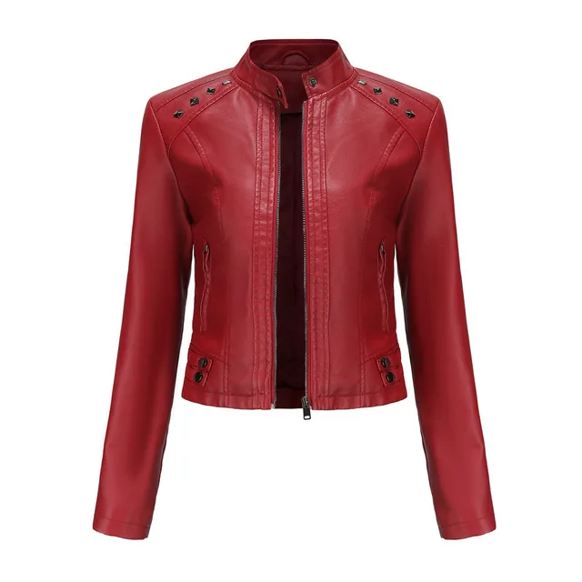 Studded Leather Women Short Jacket Long Sleeves Wine Red - Shop at LoveMi