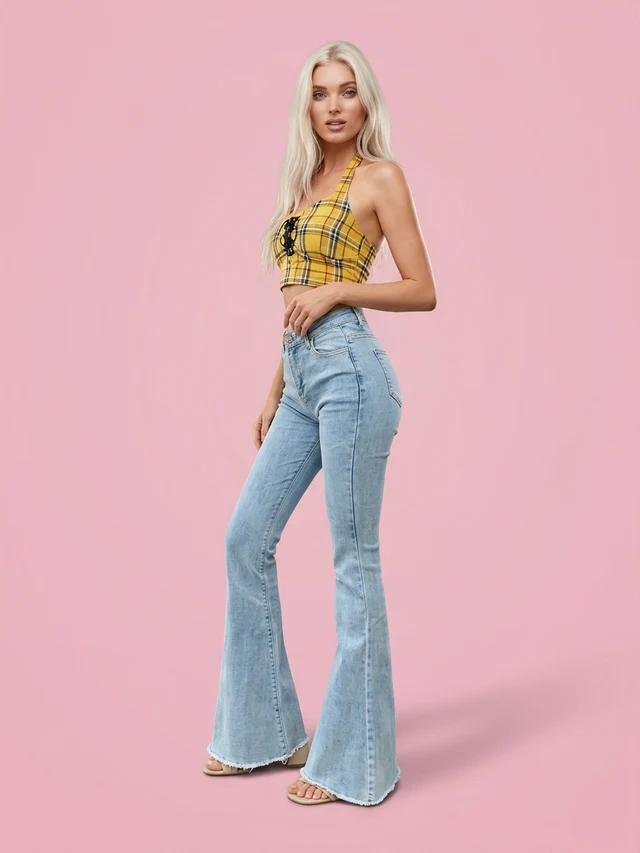 Flare Jeans Pants Women Vintage Denim Ladies Jeans Women Hig Light Blue - Shop at LoveMi