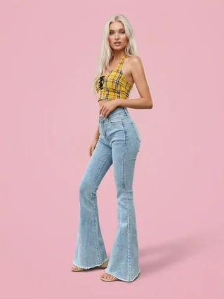 Flare Jeans Pants Women Vintage Denim Ladies Jeans Women Hig - Light Blue