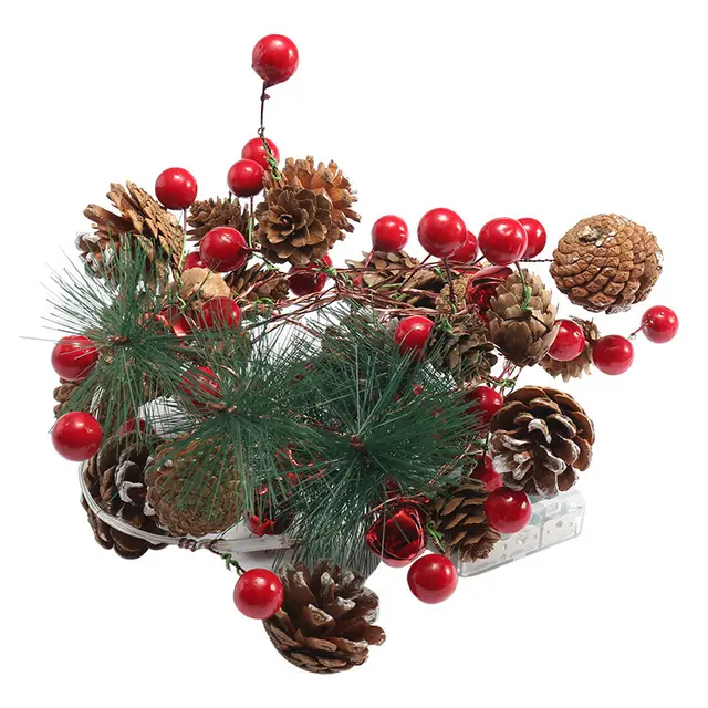 Christmas Decoration Lantern Pine Needles Pine Cone Copper Wire Lamp Bell Decoration Small Lantern Vermillion Fruit - Shop at LoveMi