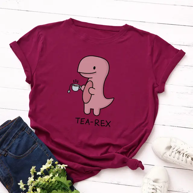 Women's Tea Drinking Dinosaur Loose Round Neck Short sleeved Cotton T shirt Women Red - Shop at LoveMi