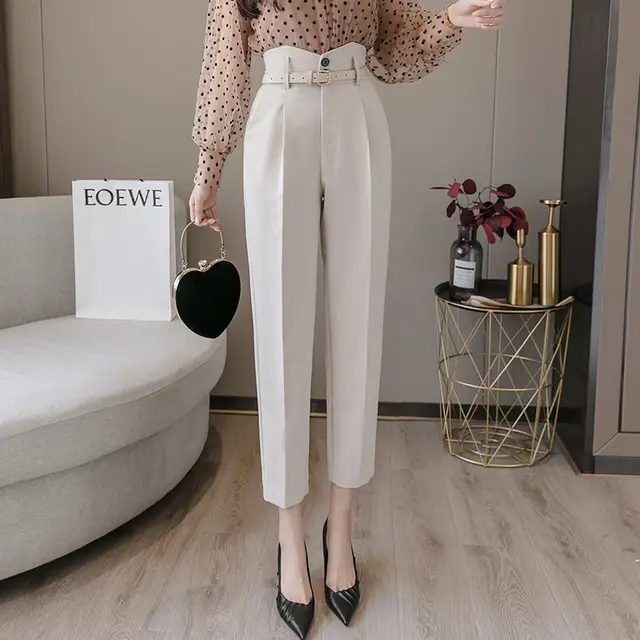 High Waist Suit Pants Ladies Summer Pants Thin Nine Point Harem Pants Apricot - Shop at LoveMi