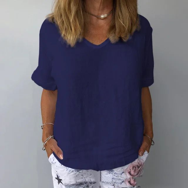 European And American Short sleeved Cotton And Linen Loose Solid Color Casual Top Navy Blue - Shop at LoveMi