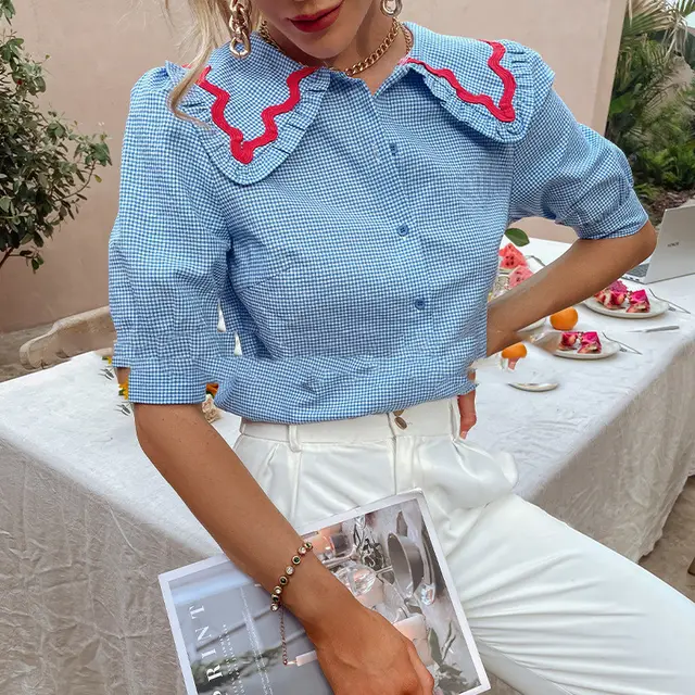 Contrasting Check Pattern Sleeve Doll Collar Sweet Temperament Shirt Blue - Shop at LoveMi
