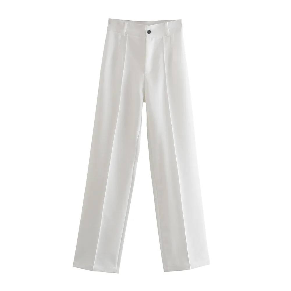 New European And American Style Straight High waisted Solid Color Casual Pants White - Shop at LoveMi