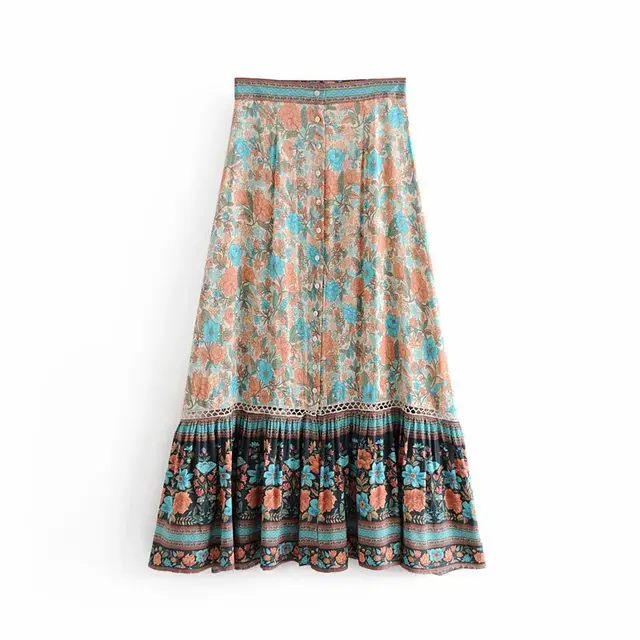 High Waist Color Block Cotton Silk Single Breasted Skirt With Large Hem Beige - Shop at LoveMi