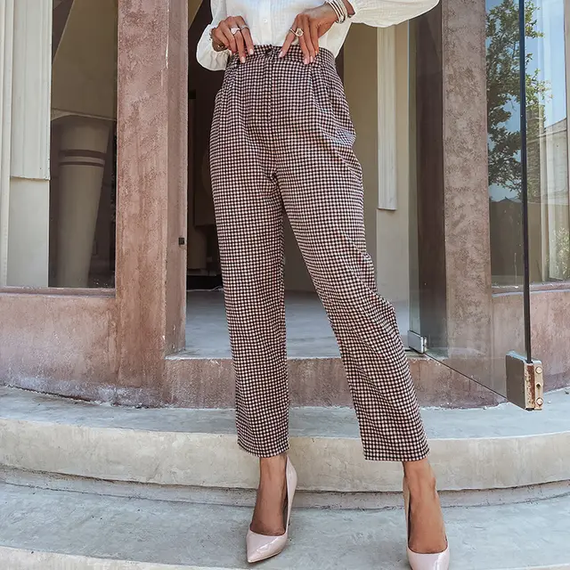 New High waist Plaid Pocket Cropped Trousers Brown - Shop at LoveMi