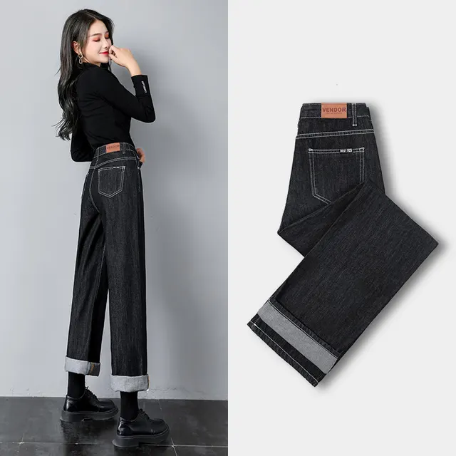 Straight leg Jeans Loose High waisted Slimming Wide leg Pants Black Cropped Trousers - Shop at LoveMi