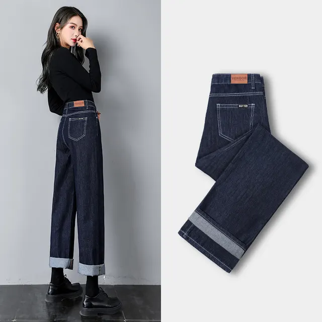 Straight leg Jeans Loose High waisted Slimming Wide leg Pants Dark Blue Trousers - Shop at LoveMi