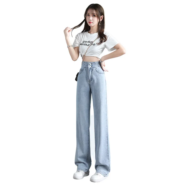 Women's High Waist Jeans Straight Loose And Thin Wide Legs Blue Lengthened - Shop at LoveMi