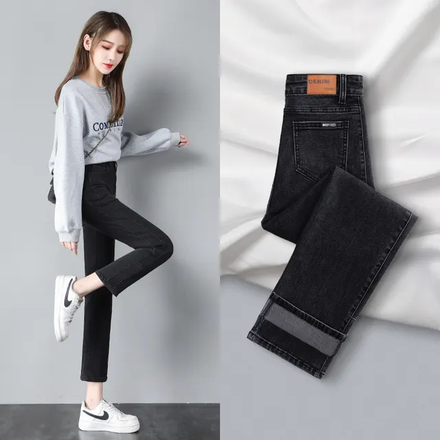 Straight leg Jeans High waisted Slim Nine point Wide legs Black - Shop at LoveMi