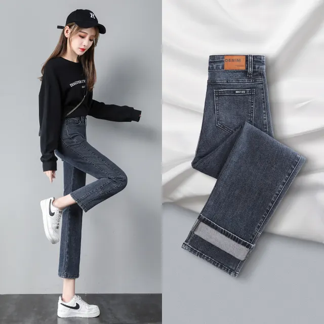 Straight leg Jeans High waisted Slim Nine point Wide legs Dark Blue - Shop at LoveMi