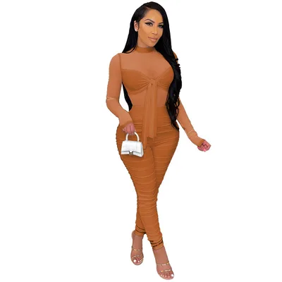 Long sleeved Tight fitting Lace up High stretch Sexy Nightclub Net Gauze Jumpsuit Brown - Shop at LoveMi