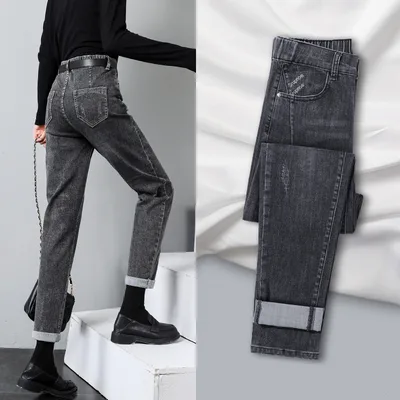 Jeans Women's Summer Spring And Autumn Style Straight Loose High Waist Slim Black Grey - Shop at LoveMi