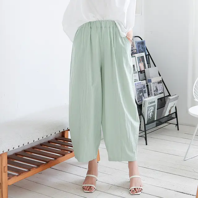 Summer Cotton And Linen Lantern Large Size Loose Trousers Women Leisure Pants Fat Trousers Green - Shop at LoveMi