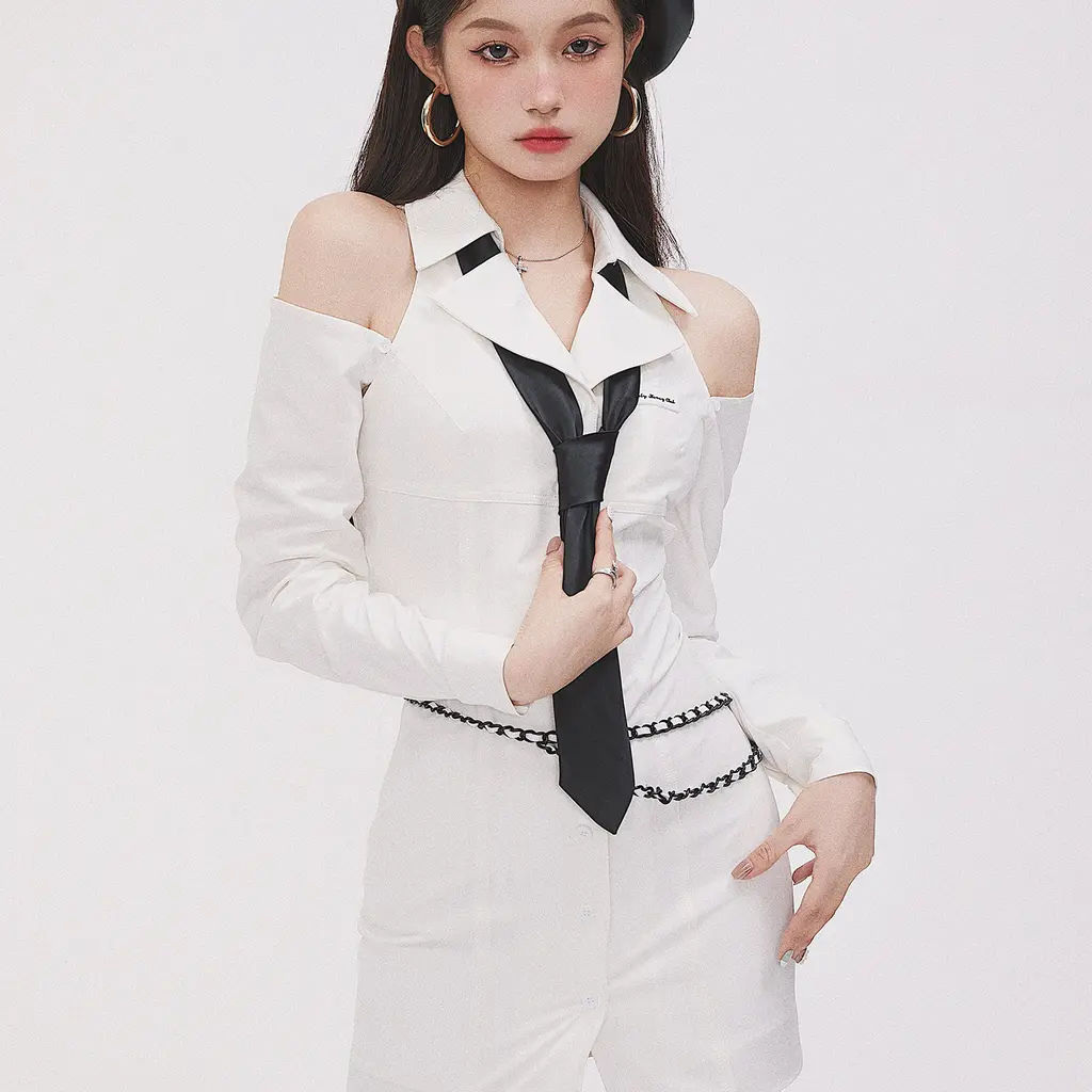 Long Sleeve Off-shoulder Shirt Dress Cold Wind White Dress - White Tie