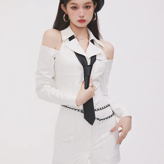Long Sleeve Off shoulder Shirt Dress Cold Wind White Dress White Tie - Shop at LoveMi