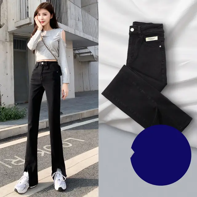 Split Jeans Women's Summer And Autumn Trendy High waisted Small Wide leg Pants Black - Shop at LoveMi