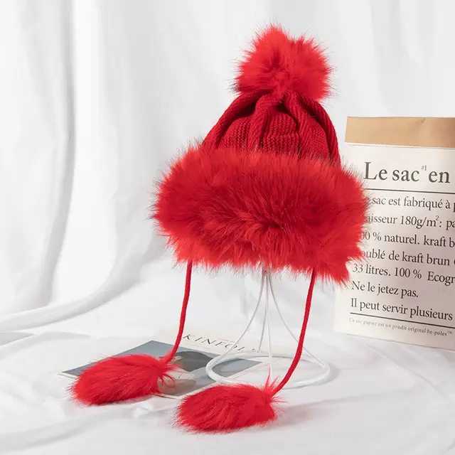 All match Cute Woolen Knitted Ear Caps Plus Velvet Thick Winter Lei Feng Hat Red - Shop at LoveMi