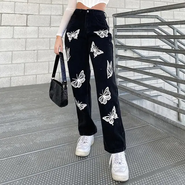 Women's Jeans New Butterfly Hot Flower Wide Leg Pants Black - Shop at LoveMi