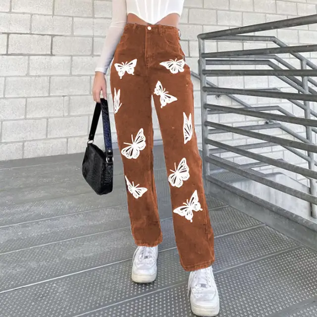 Women's Jeans New Butterfly Hot Flower Wide Leg Pants Brown - Shop at LoveMi