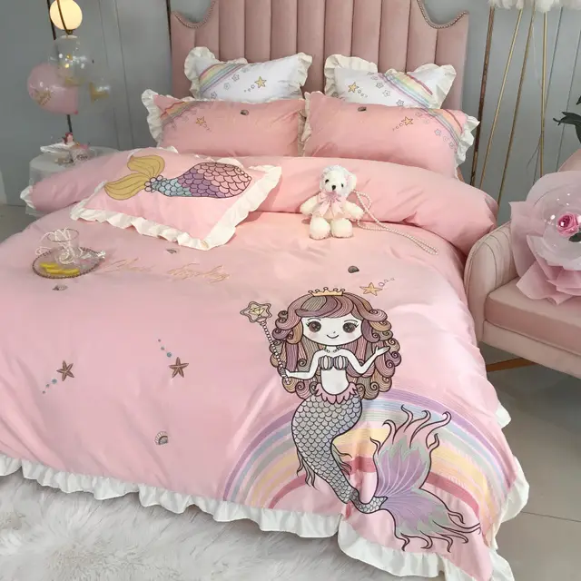 Mermaid Cotton Four piece Naked Sleeping Embroidery Single Bedding Pink - Shop at LoveMi