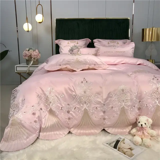 Light Luxury Embroidery Washed Satin Ice Silk Four piece Set Pink - Shop at LoveMi