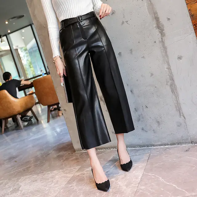 New Spring Women's PU Leather Pants With Belt High Waist Artificial Black - Shop at LoveMi