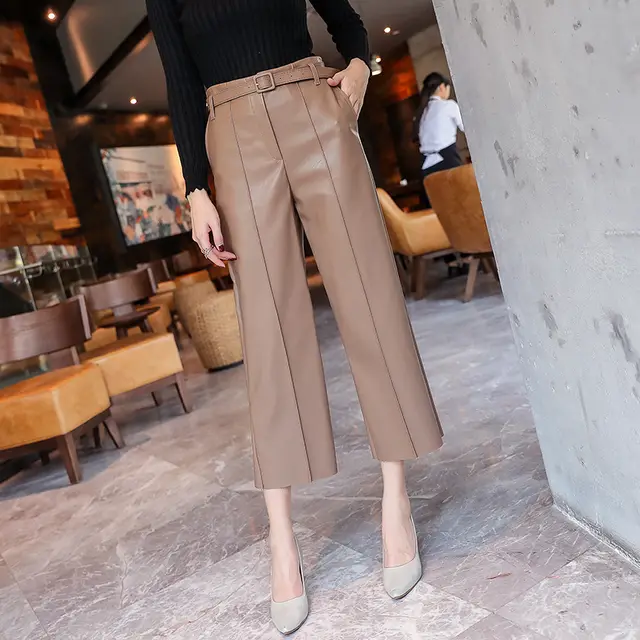 New Spring Women's PU Leather Pants With Belt High Waist Artificial Khaki - Shop at LoveMi