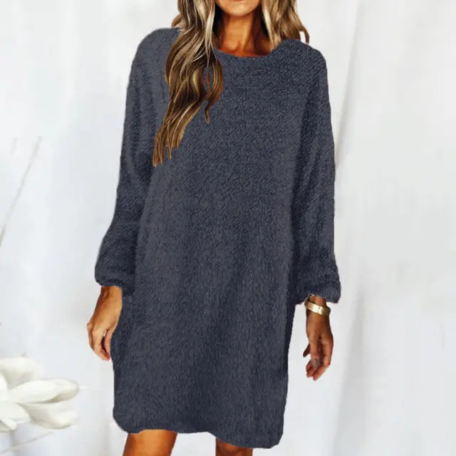 New Style Loose Long sleeved Plush Sweater Dress Dark Grey - Shop at LoveMi