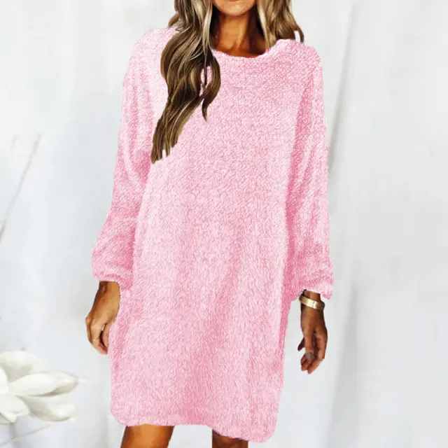 New Style Loose Long sleeved Plush Sweater Dress Pink - Shop at LoveMi