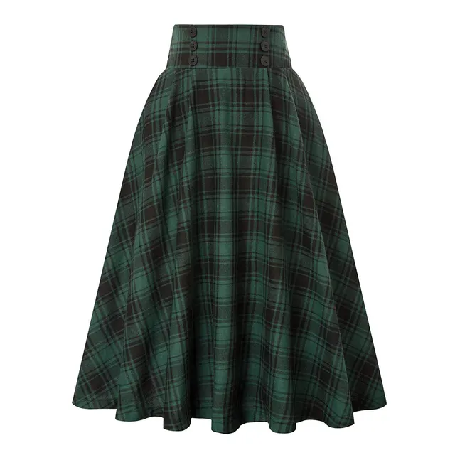 Korean Style Woolen Plaid Skirt With Big Swing Green - Shop at LoveMi